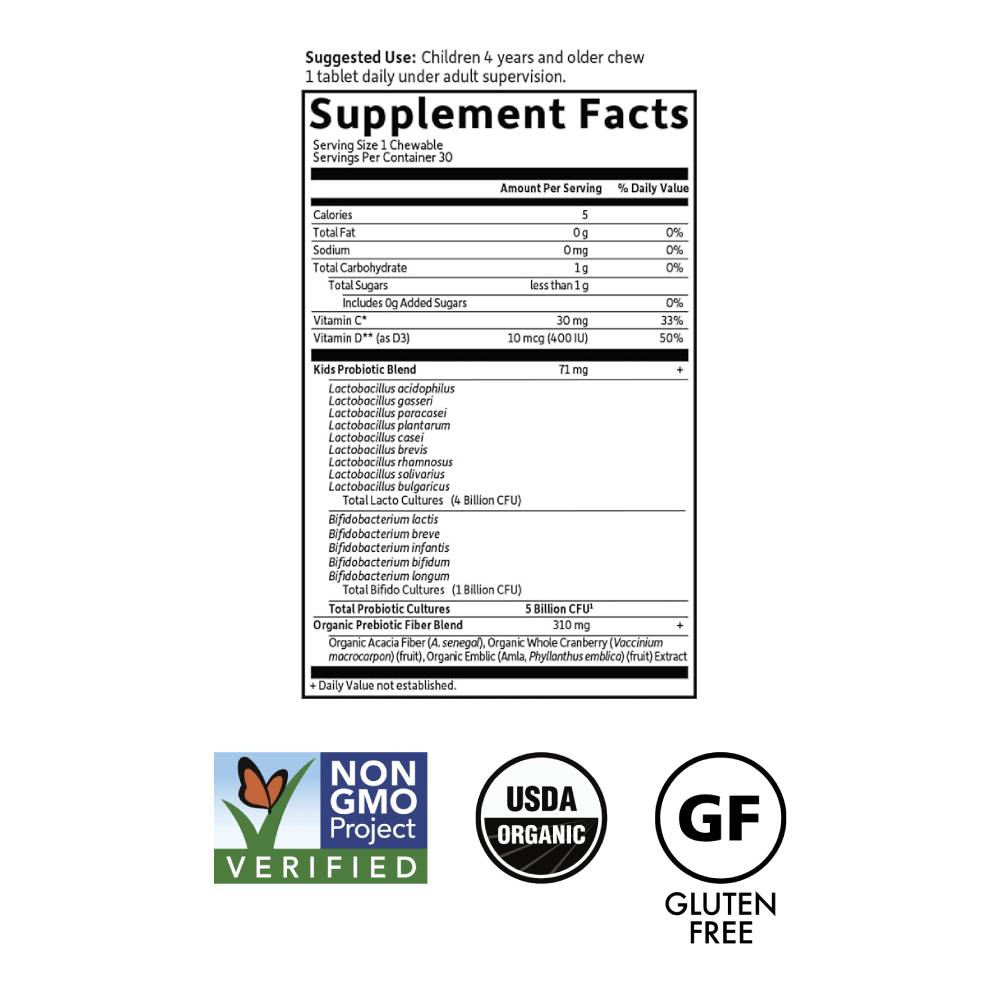 Dr. Formulated Probiotics Organic Kids+ Shelf-Stable Strawberry Banana Chewables x30