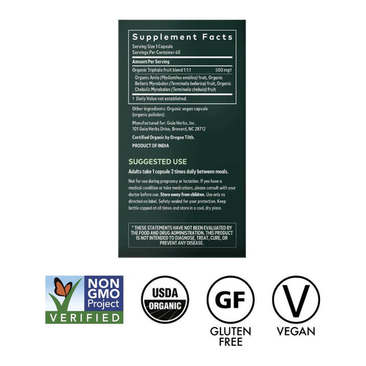 Gaia Organic Triphala Fruit Herbal Supplement Vegan Capsules x60